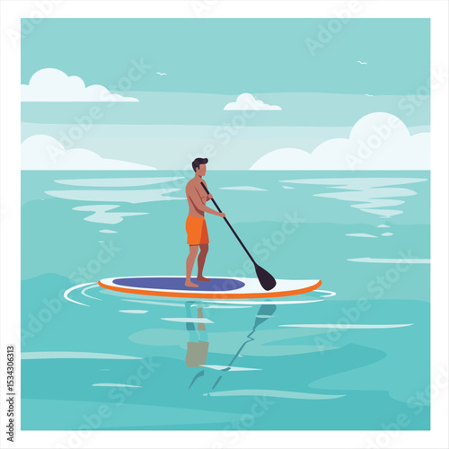 Man paddleboarding on a calm sea, standing on a surfboard, wearing swimsuit, summer water sport in flat vector style