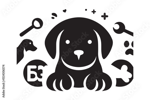 Dog Silhouette logo. Black and White Dog, Canine, Hound, Pooch, Puppy, Mutt, Tyke, Doggy.