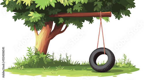 Digital painting illustration depicting a tire swing hanging from a tree. The tire is black, the rope is red, and the supporting beam is brown. The tree is stylized with green leaves and a light