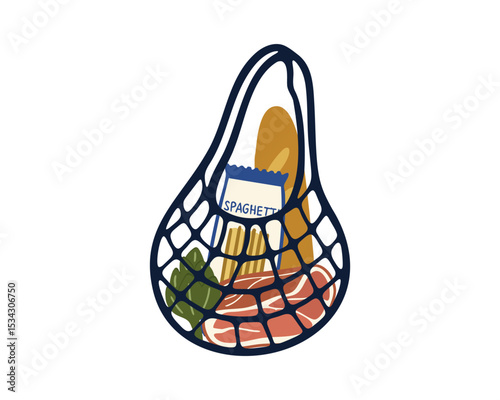 Basket with Spaghetti, Bread, meat, artichoke for an Italian Meal Theme Vector illustration