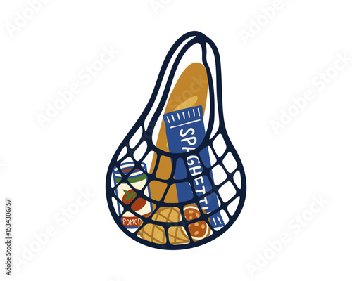 Basket with Bread, Spaghetti Package, salami and cans of tomatoes for an Italian Grocery Theme Vector illustration