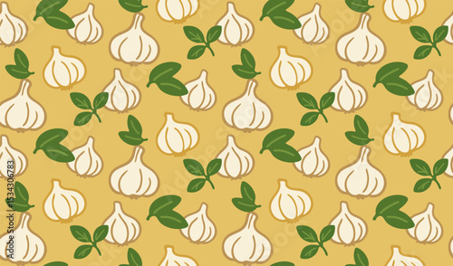 Pattern with Garlic Cloves and Leaves for an Italian Flavor Theme Vector illustration