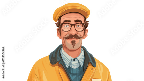 A digital illustration depicting a close-up portrait of a man. The style is cartoonish or whimsical, with slightly exaggerated features. The man has a prominent mustache, glasses, and is wearing a