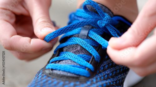 Close up of hands tying bright blue shoelaces on a dark colored athletic shoe before a run