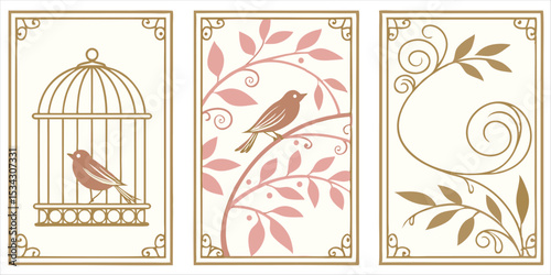 Set of bird themed illustrations, birdcage, branch, leaves and floral scroll design, vector elements.