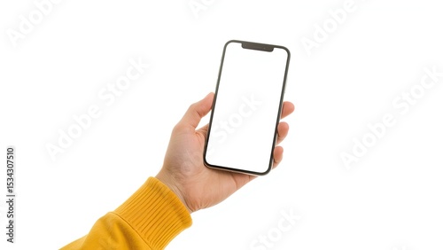 a hand holding a cellphone with a yellow sweater