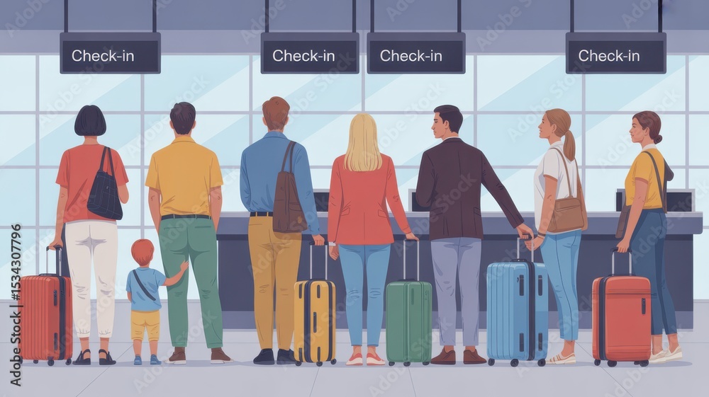 Obraz premium Travelers Waiting in Line for Check-in at Airport Terminal