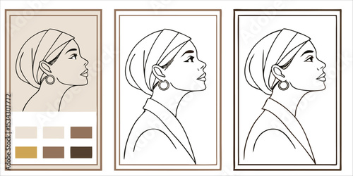 Set of women's profile portraits with headscarf, minimalist line art, fashion illustration, vector design.