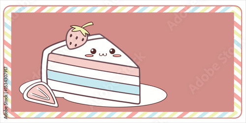 Cute strawberry cake slice illustration, confectionery design for greeting cards, vector art.