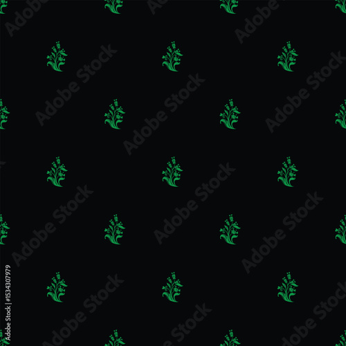 Seamless Pattern with Green Floral Motifs on a Black Background