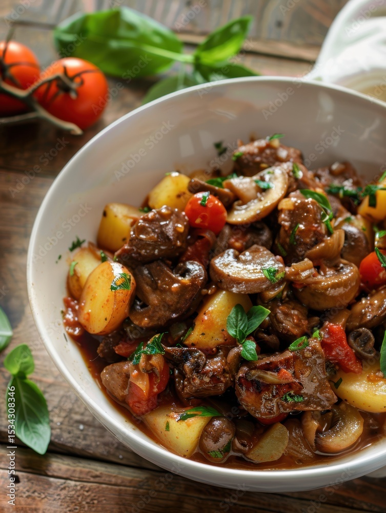 diced beef pot roast with tomato potato and mushroom diced beef pot roast with tomato potato and mushroom