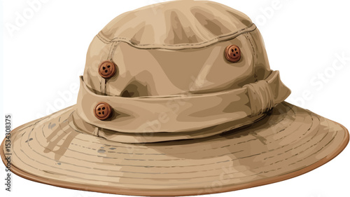 A digital illustration of a khaki-colored boonie hat. The hat features a wide brim, a crown with subtle creases, and brown buttons as accents on the hatband. The hat is shown against a plain white