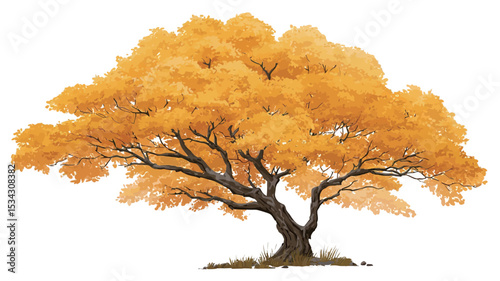 Digital painting or illustration of a large deciduous tree with a thick trunk and sprawling branches.  The leaves are a vibrant golden yellow, suggesting autumn. The tree is depicted against a