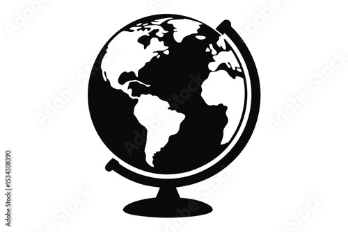 Black and White Globe Illustration World Map, Continents and Stand Detail