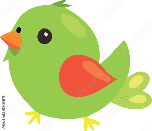 a cute cartoon bird, large expressive eyes, bright green feathers, red beak, simple line art, vibrant colors, whimsical, playful, kawaii style

