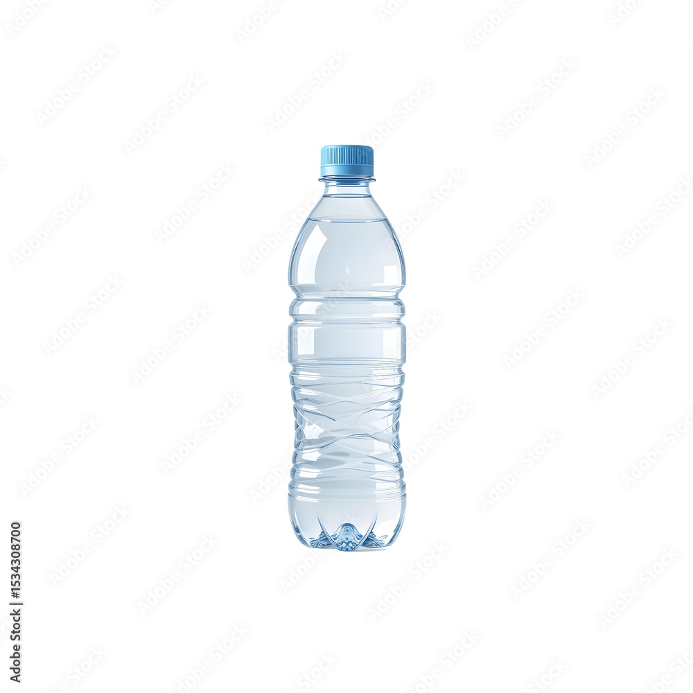 Fototapeta premium Clear Plastic Water Bottle Against White Background.A studio shot of a clear plastic water bottle, filled with water, and featuring a light-blue screw-on cap.