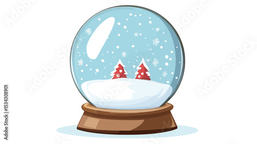 A digital illustration of a snow globe. The snow globe is transparent, showing a small snowy landscape inside with two stylized red Christmas trees.  The snow inside appears as small white dots.
