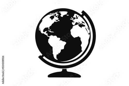 Black and White Vector Illustration of a Globe with Stand Depicting Continents