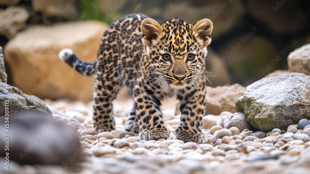 Fototapeta premium Adorable leopard cub exploring a rocky path