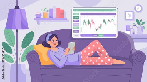A woman comfortably trades stocks from home using a tablet and online platform displaying financial charts and graphs.