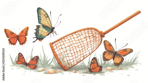 A detailed watercolor illustration depicting a wooden-handled butterfly net resting on the ground amidst blades of grass and four monarch butterflies. Two orange butterflies are positioned on the