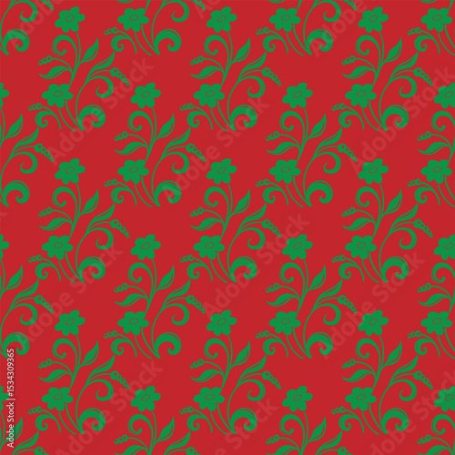 Green Floral Pattern on Red Background with Distinct Curved Vine Designs