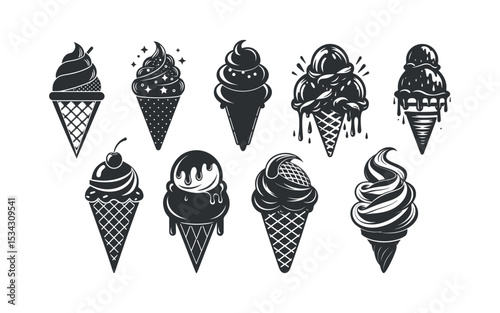 Ice Cream Cone Silhouette Set  Retro Dessert Illustrations for T Shirt Design