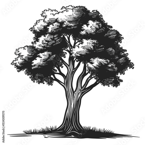Black and white bare tree silhouette vector illustration showing intricate roots and branches in a winter forest landscape design