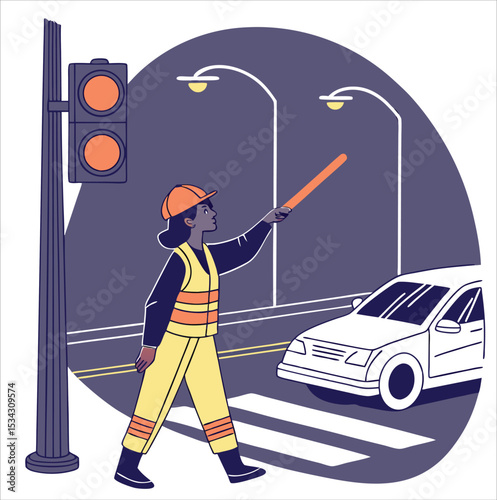 Road worker directing traffic at night with illuminated baton, vector illustration of safety and control.