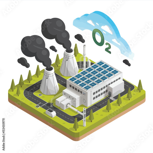 Isometric Illustration Power Plant Solar Panels Pollution Green Energy 1