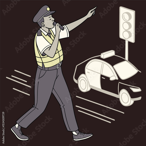 Traffic officer directing traffic with a microphone, police car in background, vector illustration of road safety.