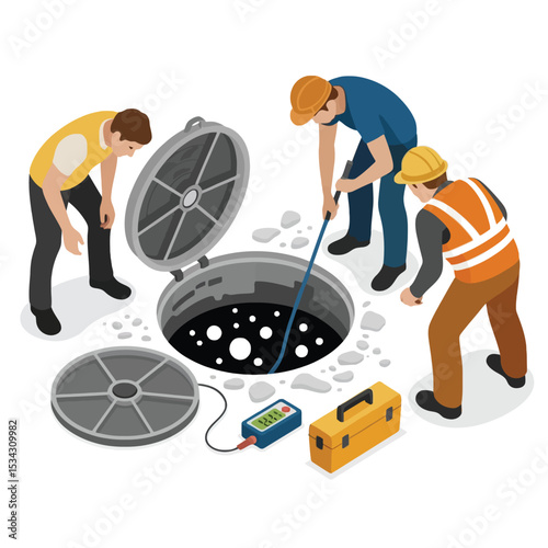 Three Workers Inspecting Manhole Sewer System inspection
