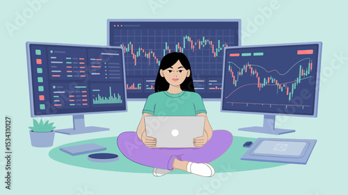 A young woman analyzes stock market data on multiple monitors and a laptop showcasing a modern finance professional at work