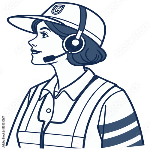 Woman in safety vest and headset, vector illustration of traffic control or security personnel.