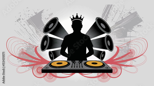 A regal DJ silhouette spins music amidst dynamic speakers and swirling design elements ideal for nightlife branding and event promotions