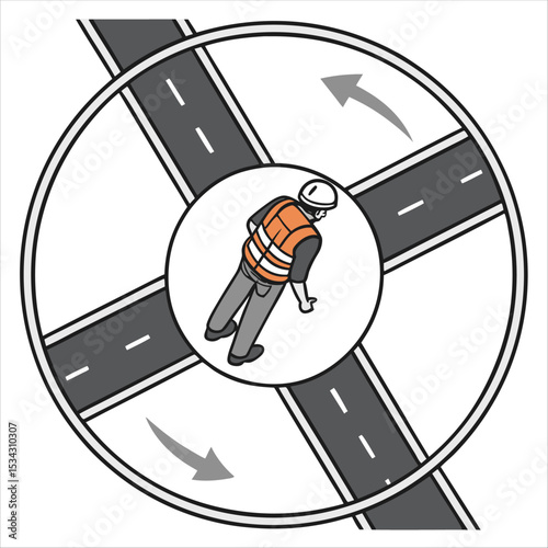 Road worker directing traffic in roundabout, vector illustration of traffic control and safety procedure.
