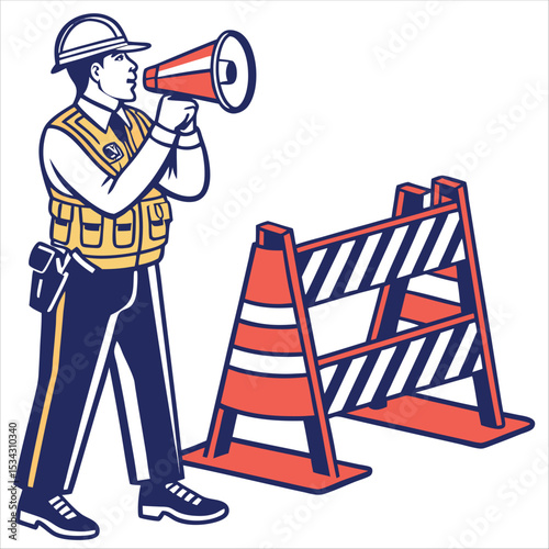 Construction worker using megaphone near barricade, vector illustration of site safety and communication.