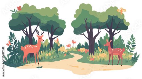 A digital illustration depicting a whimsical forest scene. Two cartoon deer stand on either side of a light brown path winding through a lush green forest. The trees are stylized with rounded