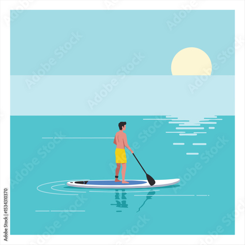 Man paddleboarding on a calm sea, standing on a surfboard, wearing swimsuit, summer water sport in flat vector style