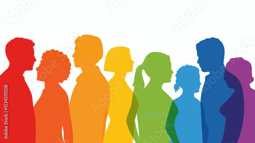 **Diverse people silhouettes rainbow spectrum unity teamwork collaboration community design**
