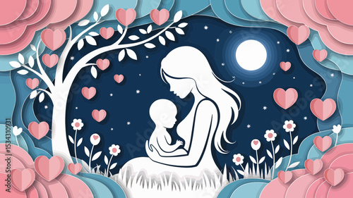 A heartwarming Mother and Child silhouette design nestled in a paper-cut floral night scene ideal for Mother's Day cards, branding, and family-themed projects.