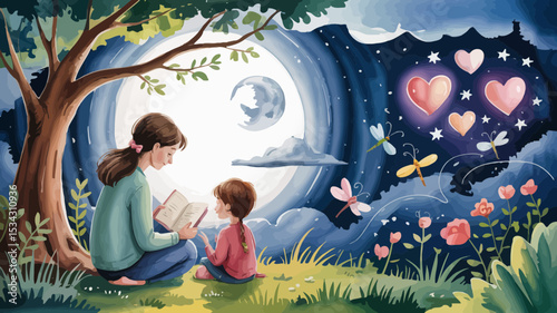 A mother reading to her child underneath a magical moonlight scene featuring dragonflies and hearts