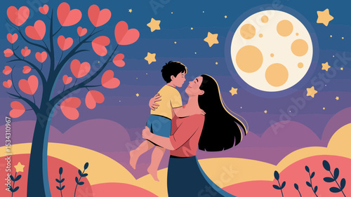 A mother tenderly holds her child under a heart-shaped leaf tree and a full moon a heartwarming family scene perfect for cards or branding