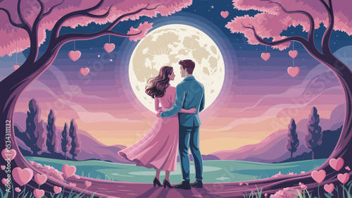 Romantic couple silhouette under a full moon enchanting landscape design for love branding