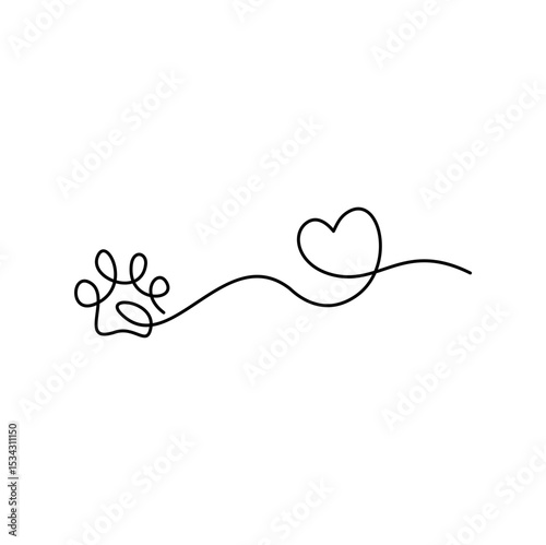 Paw continuous line drawing. Dog or cat paw print. Vector illustration 