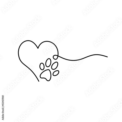 Paw continuous line drawing. Dog or cat paw print. Vector illustration 