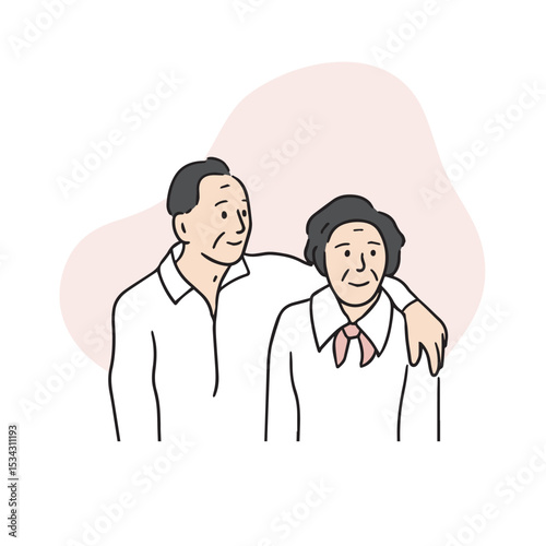 A friendly middle-aged couple loves each other. An illustration of their elderly parents who are good to use in Family Month. A couple drawn by hand, vector elements related to their parents