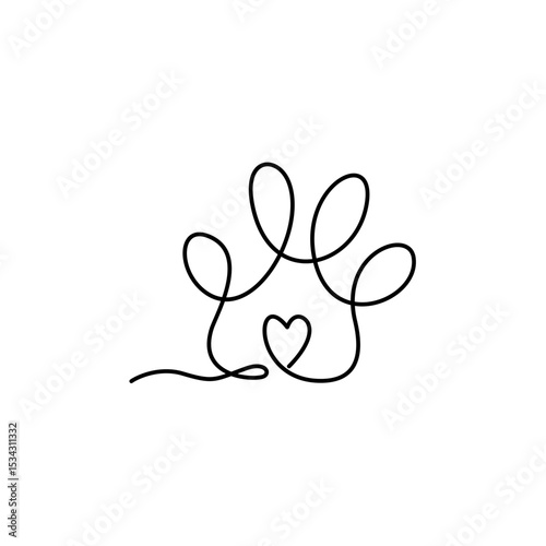 Paw continuous line drawing. Dog or cat paw print. Vector illustration 