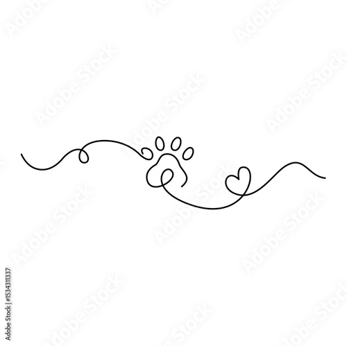 Paw continuous line drawing. Dog or cat paw print. Vector illustration 