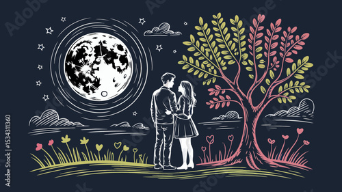 Romantic couple silhouetted against a full moon and tree design perfect for love branding projects and Valentines Day cards